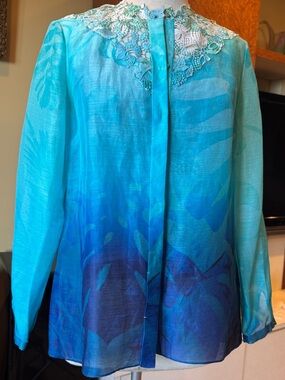 Elie Tahari Turquoise Blue Ombre Lace Collar Blouse